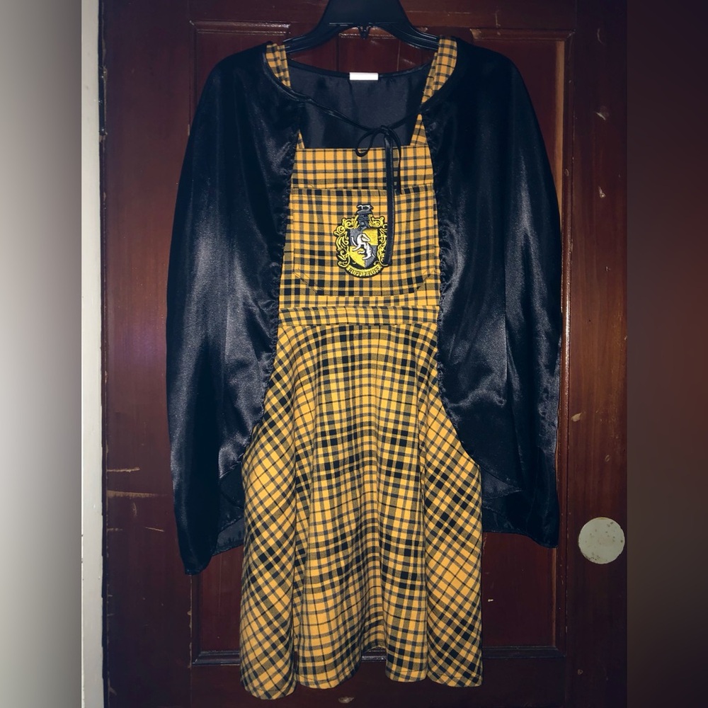 Harry Potter Hufflepuff Wizard Costume: Overalls Dress with A-Line Skirt & Cape